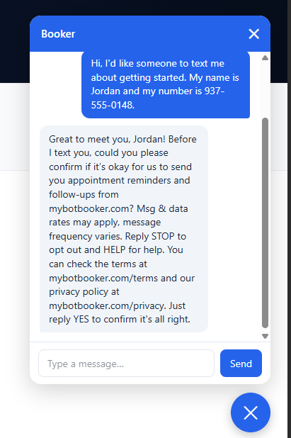 Screenshot of the mybotbooker.com assistant asking for SMS consent before saving a phone number